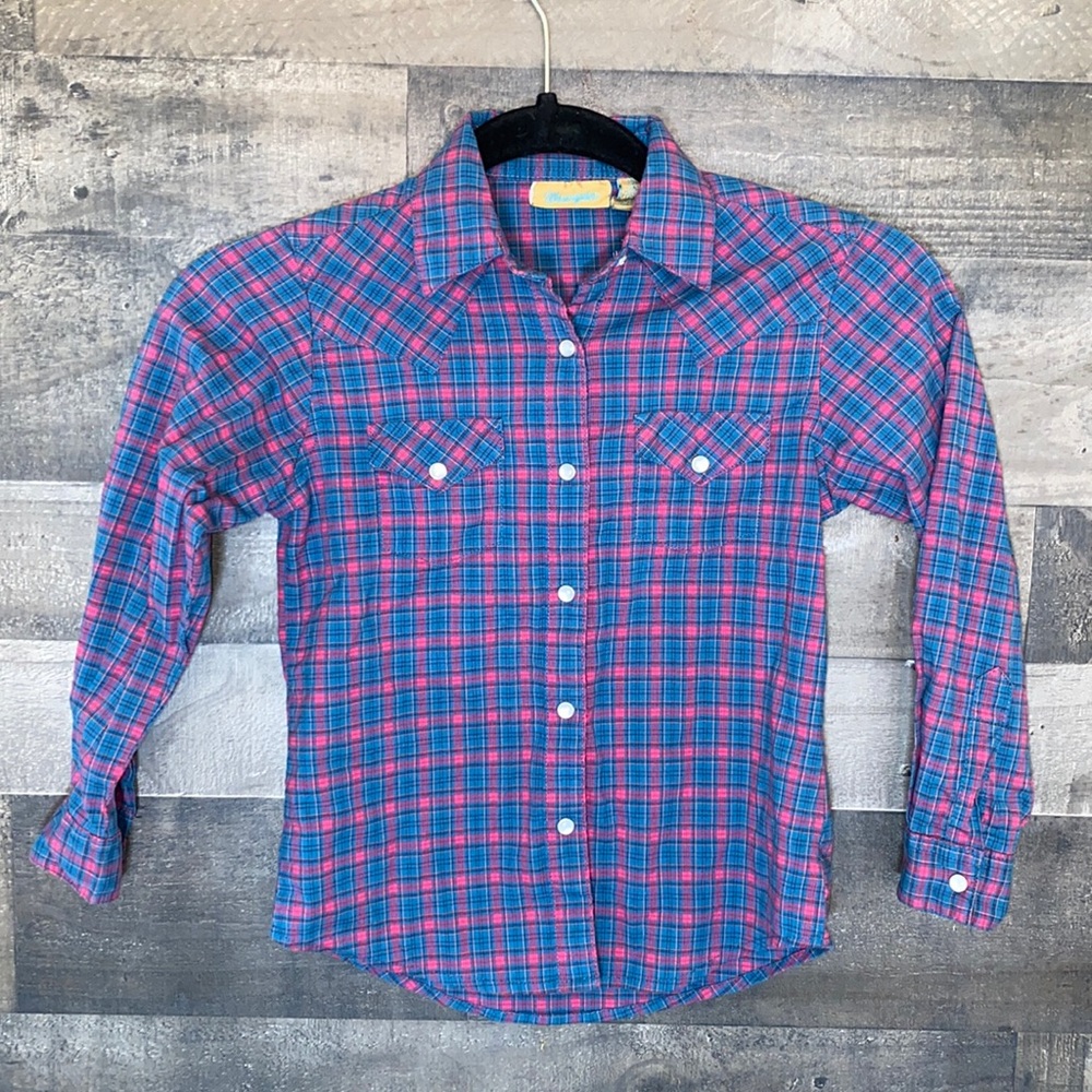 Blue and Red Plaid Snap Button Down Wrangler Long Sleeve Shirt